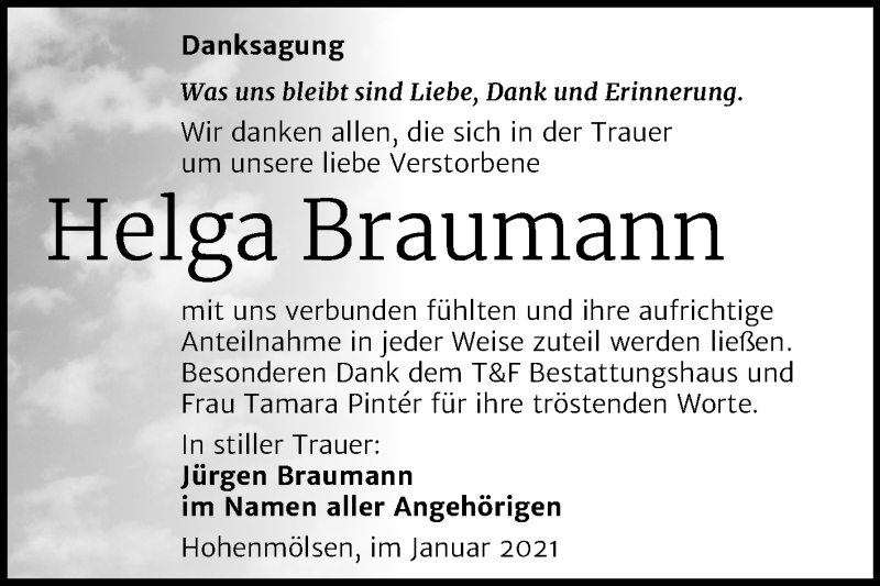  Traueranzeige für Helga Braumann vom 30.01.2021 aus Mitteldeutsche Zeitung Weißenfels