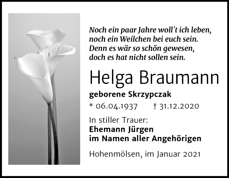  Traueranzeige für Helga Braumann vom 05.01.2021 aus Mitteldeutsche Zeitung Weißenfels