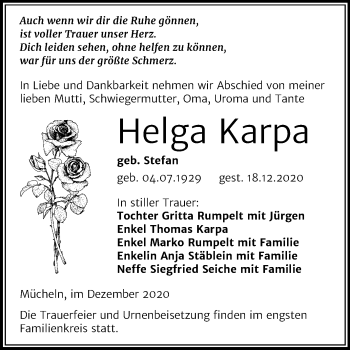 Traueranzeige von Helga Karpa von Super Sonntag Merseburg/Querfurt
