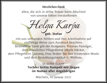 Traueranzeige von Helga Karpa von Mitteldeutsche Zeitung Merseburg/Querfurt