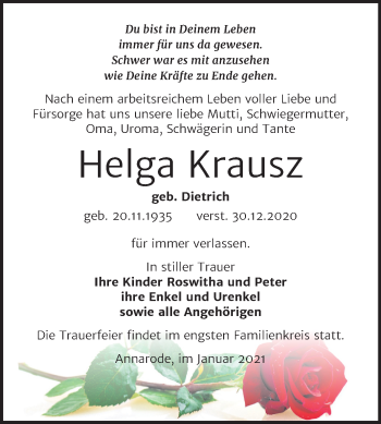 Traueranzeige von Helga Krausz von Super Sonntag Mansfelder Land