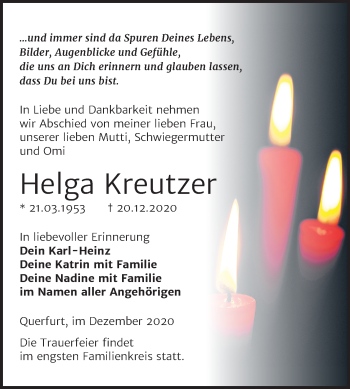 Traueranzeige von Helga Kreutzer von Mitteldeutsche Zeitung Merseburg/Querfurt