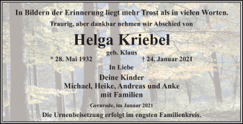 Traueranzeige von Helga Kriebel von Super Sonntag Quedlinburg