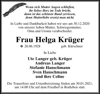 Traueranzeige von Helga Krüger von Mitteldeutsche Zeitung Dessau-Roßlau
