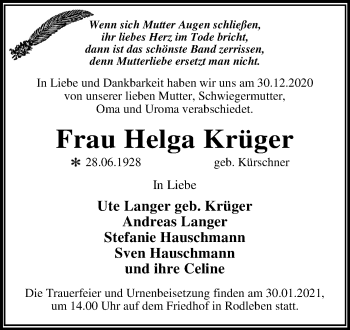 Traueranzeige von Helga Krüger von Super Sonntag Dessau-Roßlau