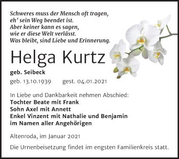 Traueranzeige von Helga Kurtz von Super Sonntag Naumburg/Nebra