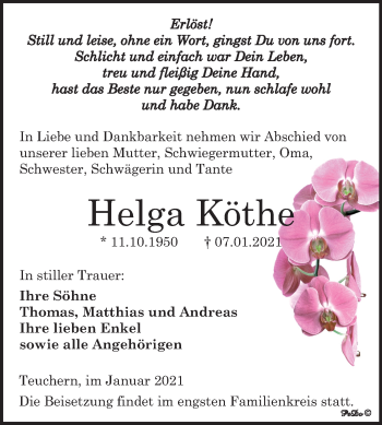 Traueranzeige von Helga Köth von Super Sonntag Weißenfels