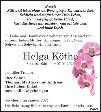Traueranzeige von Helga Köthe von Mitteldeutsche Zeitung Weißenfels