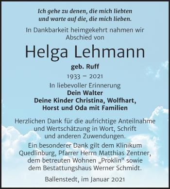 Traueranzeige von Helga Lehmann von Mitteldeutsche Zeitung Quedlinburg