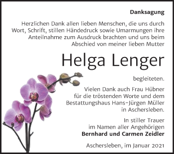 Traueranzeige von Helga Lenger von Super Sonntag Aschersleben