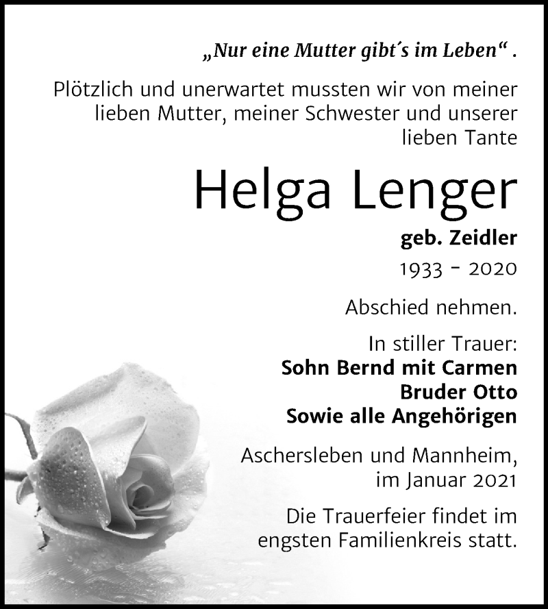 Traueranzeige für Helga Lenger vom 09.01.2021 aus Super Sonntag Aschersleben