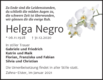 Traueranzeige von Helga Negro von Super Sonntag Wittenberg