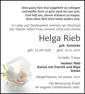 Traueranzeige von Helga Rieb von Mitteldeutsche Zeitung Sangerhausen
