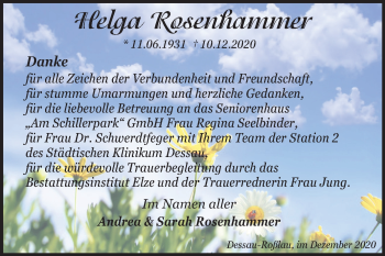 Traueranzeige von Helga Rosenhammer von Mitteldeutsche Zeitung Dessau-Roßlau