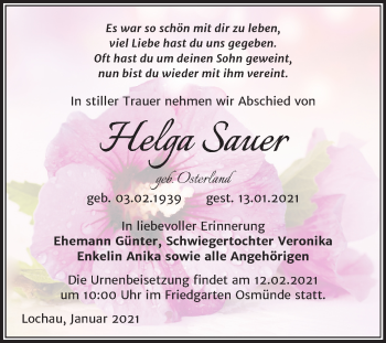 Traueranzeige von Helga Sauer von Super Sonntag Merseburg/Querfurt