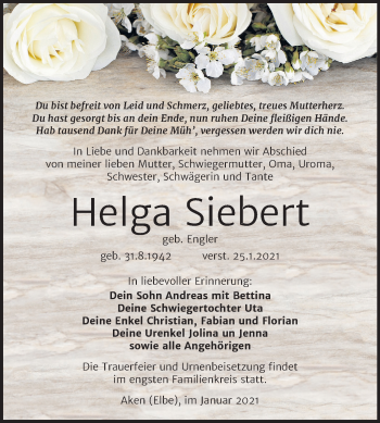 Traueranzeige von Helga Siebert von Super Sonntag Köthen