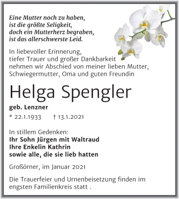 Traueranzeige von Helga Spengler von Super Sonntag Mansfelder Land