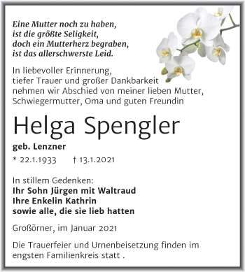 Traueranzeige von Helga Spengler von Mitteldeutsche Zeitung Mansfelder Land