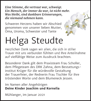 Traueranzeige von Helga Steudte von Mitteldeutsche Zeitung Wittenberg