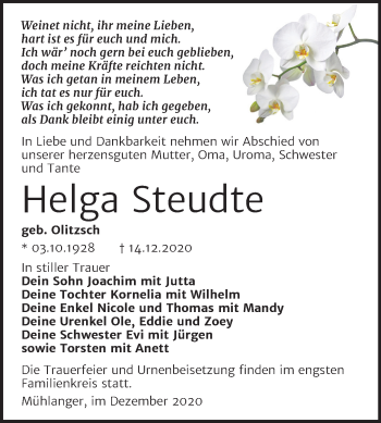 Traueranzeige von Helga Steudte von Mitteldeutsche Zeitung Wittenberg