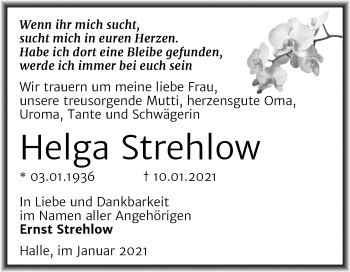 Traueranzeige von Helga Strehlow von Mitteldeutsche Zeitung Halle/Saalkreis