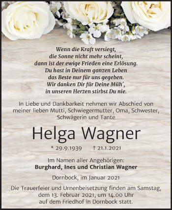 Traueranzeige von Helga Wagner von Mitteldeutsche Zeitung Köthen