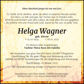 Traueranzeige von Helga Wagner von Mitteldeutsche Zeitung Quedlinburg