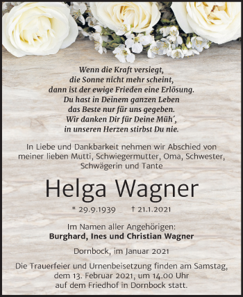 Traueranzeige von Helga Wagner von Super Sonntag Köthen
