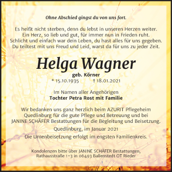 Traueranzeige von Helga Wagner von Super Sonntag Quedlinburg