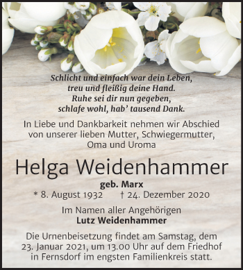 Traueranzeige von Helga Weidenhammer von Mitteldeutsche Zeitung Köthen