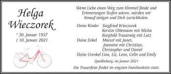 Traueranzeige von Helga Wieczorek von Super Sonntag Quedlinburg