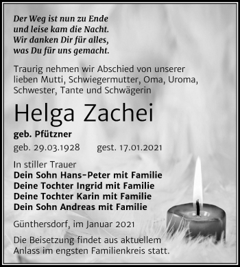 Traueranzeige von Helga Zachei von Super Sonntag Merseburg/Querfurt