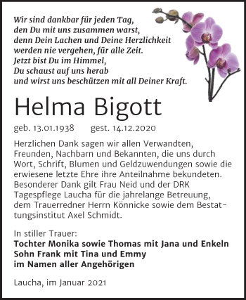 Traueranzeige von Helma Bigott von Super Sonntag Naumburg/Nebra