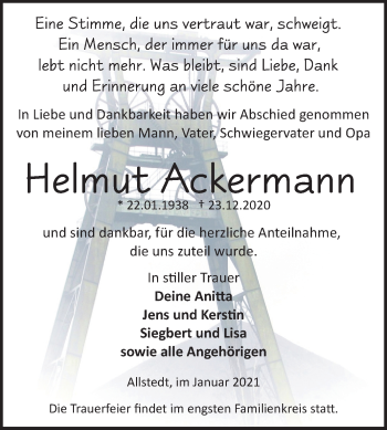 Traueranzeige von Helmut Ackermann von Super Sonntag Sangerhausen