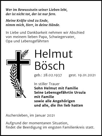 Traueranzeige von Helmut Bösch von Super Sonntag Aschersleben