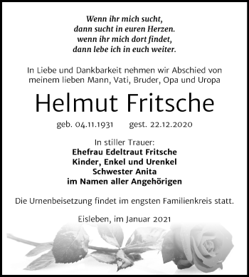 Traueranzeige von Helmut Fritsche von Mitteldeutsche Zeitung Mansfelder Land