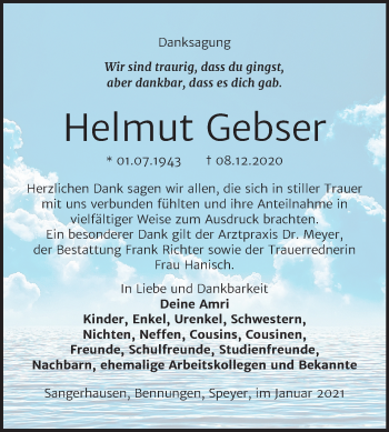 Traueranzeige von Helmut Gebser von Super Sonntag Sangerhausen
