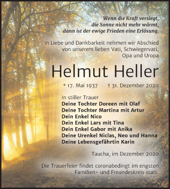 Traueranzeige von Helmut Heller von Mitteldeutsche Zeitung Weißenfels
