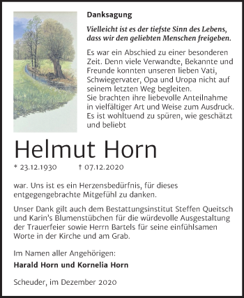 Traueranzeige von Helmut Horn von Mitteldeutsche Zeitung Dessau-Roßlau / Köthen
