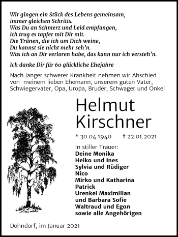Traueranzeige von Helmut Kirschner von Mitteldeutsche Zeitung Köthen