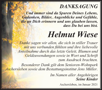 Traueranzeige von Helmut Wiese von Super Sonntag Aschersleben