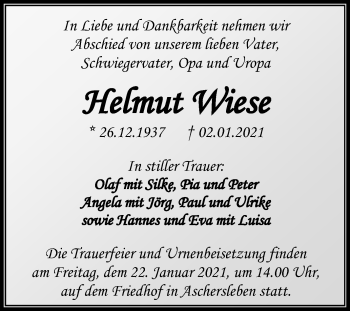 Traueranzeige von Helmut Wiese von Mitteldeutsche Zeitung Aschersleben