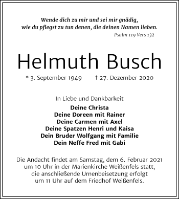 Traueranzeige von Helmuth Busch von Mitteldeutsche Zeitung Weißenfels