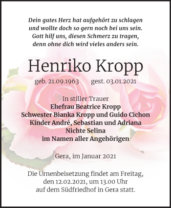 Traueranzeige von Henriko Kropp von Mitteldeutsche Zeitung Köthen