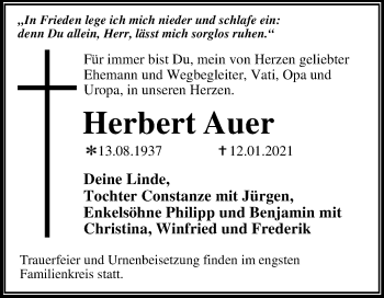 Traueranzeige von Herbert Auer von Super Sonntag Dessau-Roßlau