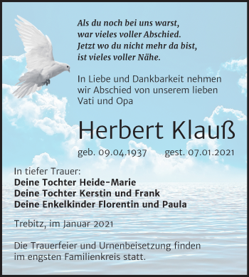 Traueranzeige von Herbert Klauß von Super Sonntag Wittenberg