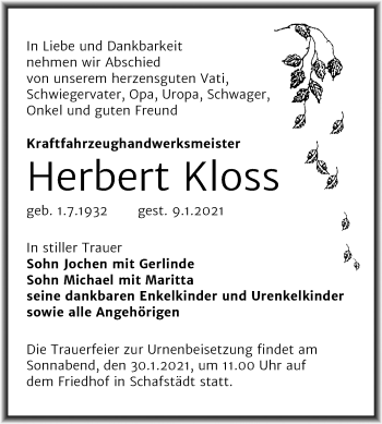 Traueranzeige von Herbert Kloss von Super Sonntag Merseburg/Querfurt