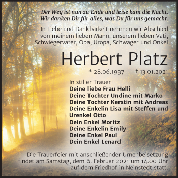 Traueranzeige von Herbert Platz von Super Sonntag Quedlinburg