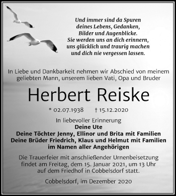 Traueranzeige von Herbert Reiske von Super Sonntag Wittenberg