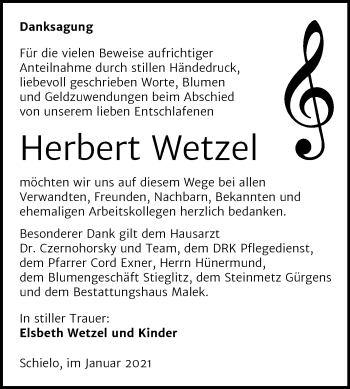 Traueranzeige von Herbert Wetzel von Mitteldeutsche Zeitung Quedlinburg